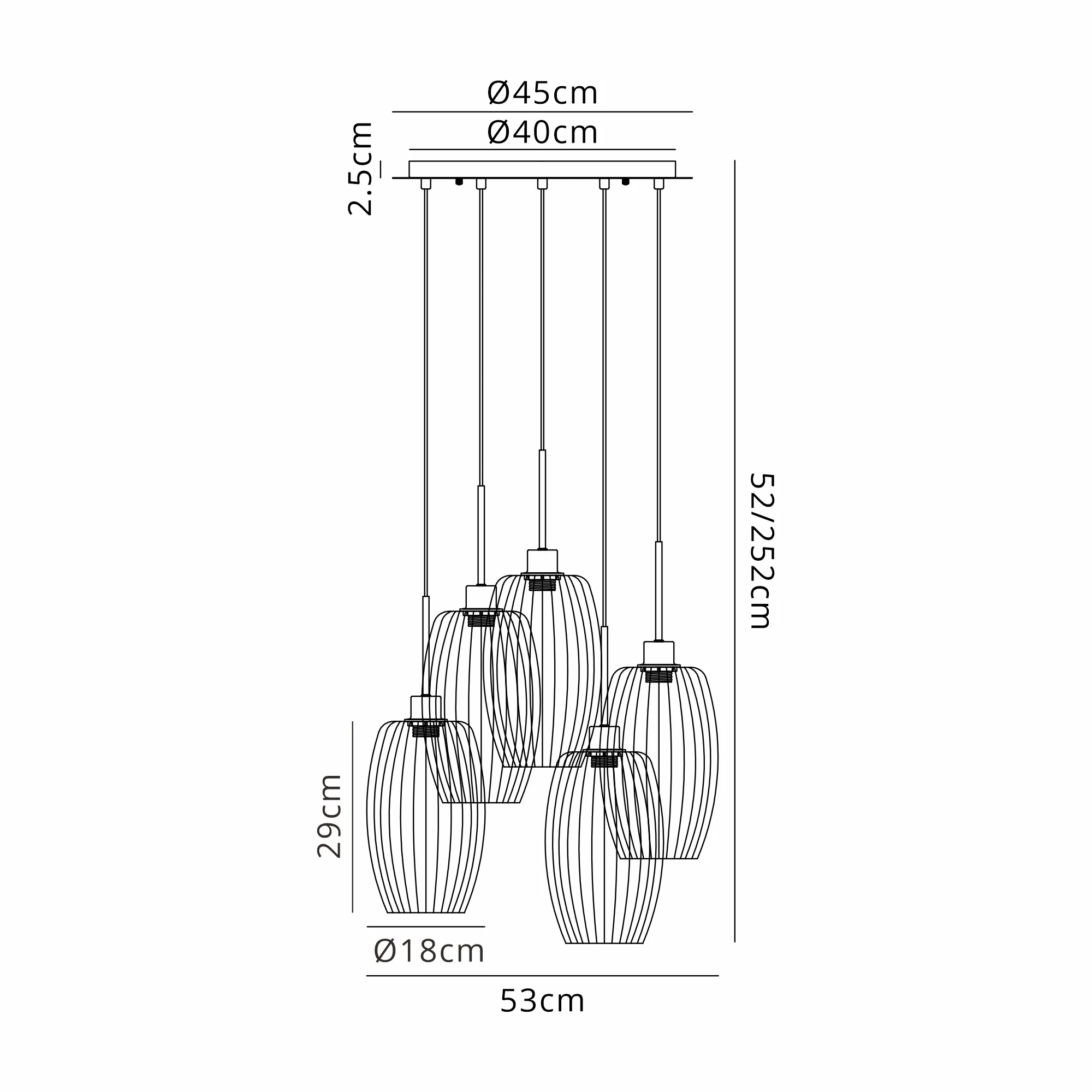 DK1199  Lori cm Round Pendant, 5 Light Adjustable E27, Antique Gold/Petrol Blue/Champagne/Clear/Green/Smoke Ribbed Tubular Shades